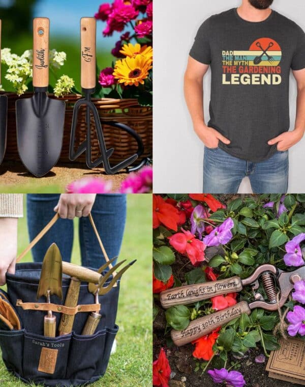 gardening gifts for dad - personalized garden tools, The Gardening Legend tshirt, personalized tote for gardening, and custom pruner.