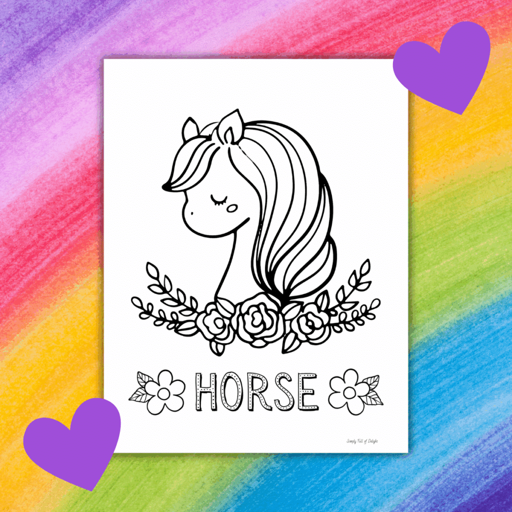 pretty horse coloring page with flowers on a rainbow background