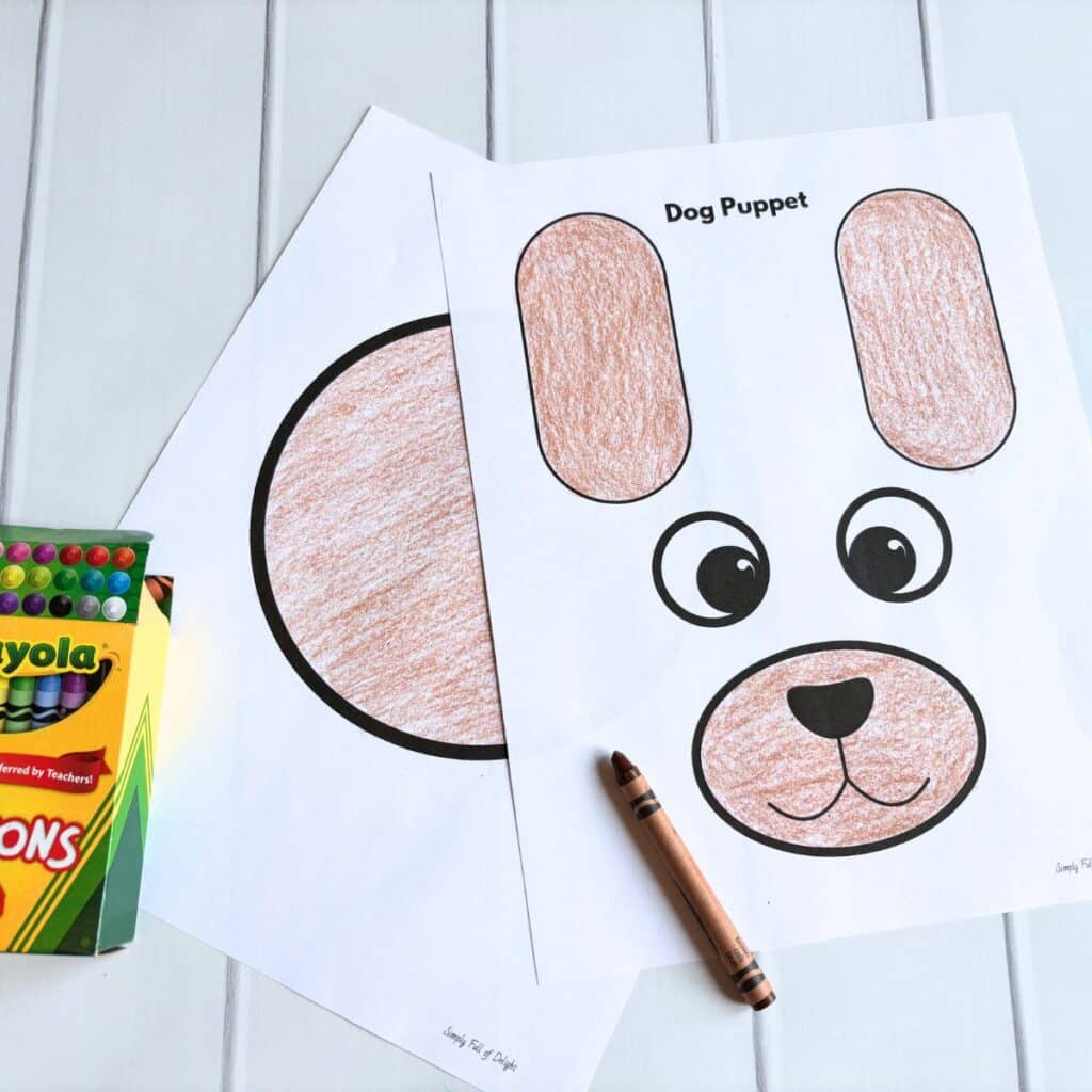 dog puppet template colored with brown crayon