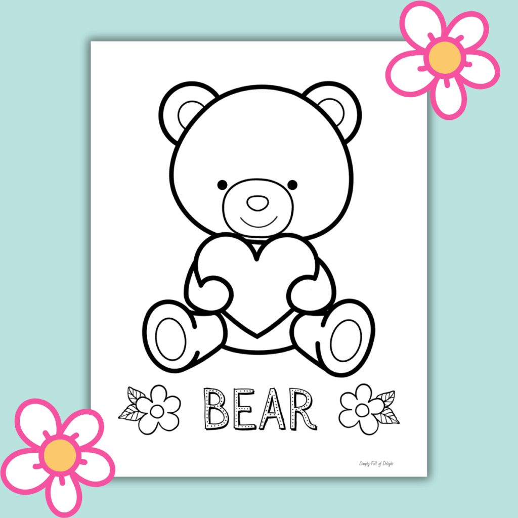 easy teddy bear coloring page featuring a large bear holding a heart.