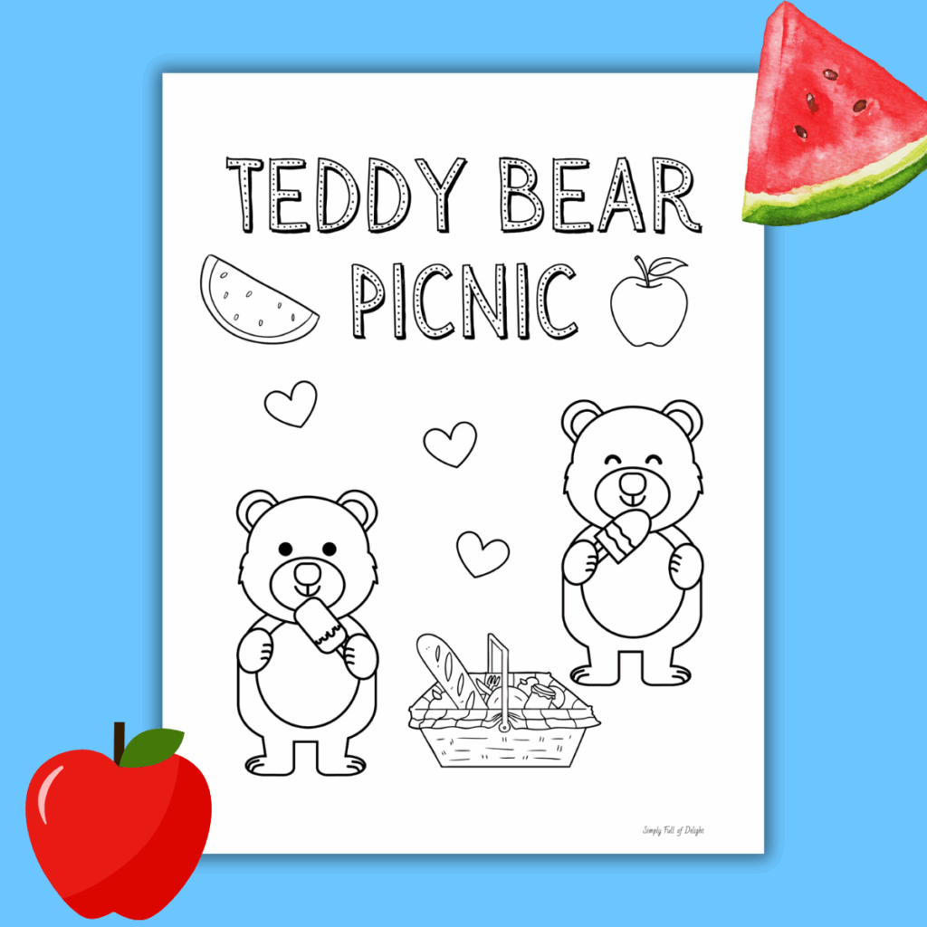 teddy bear picnic coloring page featuring teddy bears, a picnic basket and more!