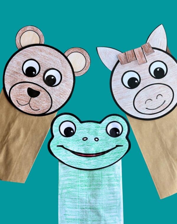 free printable paper bag puppet templates including a frog, bear and horse.