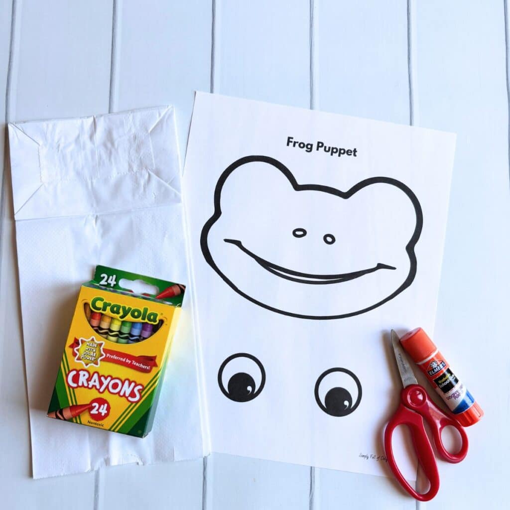 frog puppet craft - free template, crayons, scissors, glue stick, and paper bag