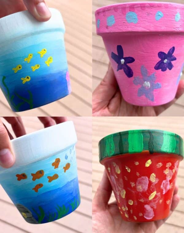 a variety of acrylic painted pots