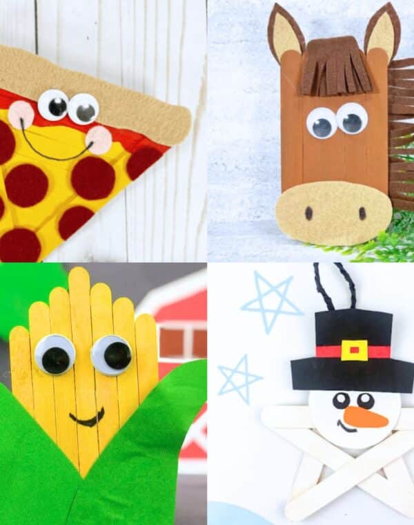 popsicle stick crafts for kids - corn, snowman, horse and pizza craft.