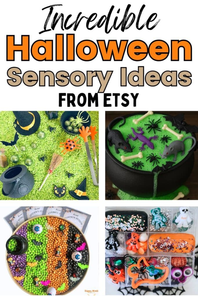 Incredible Halloween Sensory Ideas from Etsy - green rice sensory bin, witches brew sensory play, multi colored sensory bin for Halloween, Halloween playdough kit.