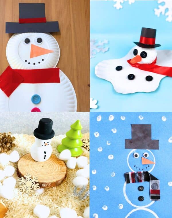 Snowman crafts and activities for kids - paper plate snowman, melting snowman craft, snowman sensory bin, and preschool snowman crafts