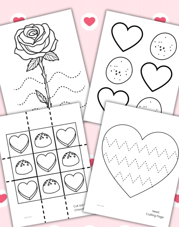 4 free printable cutting practice pages for Valentine's Day