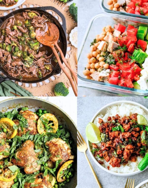 gluten free high protein recipes including beef and broccoli, feta meal prep bowls, chicken and peas, and ground turkey bowls.